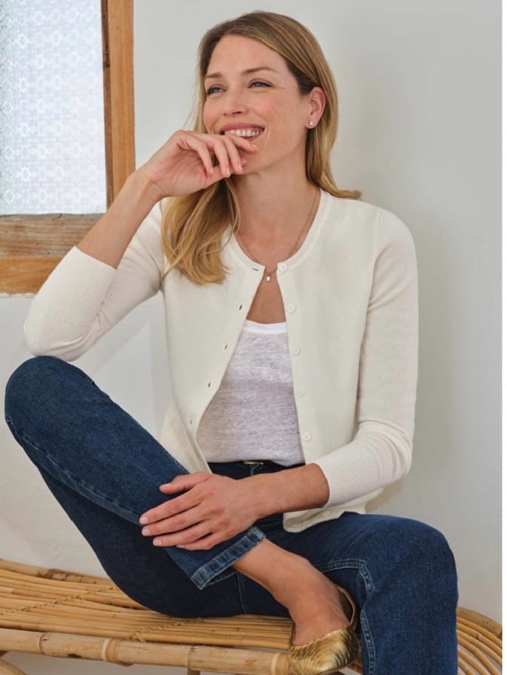 Essentials White Button-Front Crewneck Cardigan